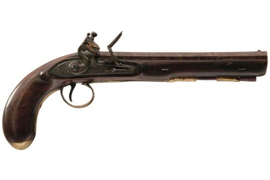 A 15-BORE FLINTLOCK LIVERY OR HOLSTER PISTOL BY TOMLINSON, 9inch sighted damascus barrel engraved - Image 1 of 7