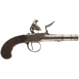 AN 80-BORE FLINTLOCK QUEEN ANNE POCKET PISTOL BY DUDLEY, 2.25inch three-stage turn off cannon