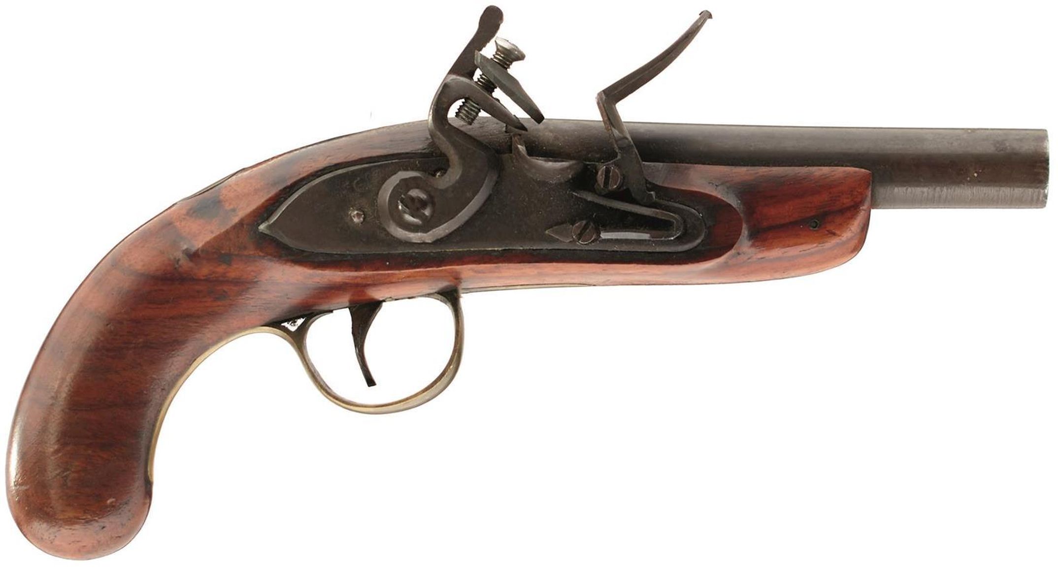 A FLINTLOCK TRAVELLING PISTOL, 4.25inch barrel, plain lock, top jaw and screw replaced, half stocked