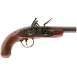 A FLINTLOCK TRAVELLING PISTOL, 4.25inch barrel, plain lock, top jaw and screw replaced, half stocked