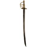 AN 18TH CENTURY LEICESTER MILITA HANGER, 62cm curved fullered blade, regulation brass three-bar hilt