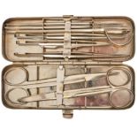 A FIELD SURGEON'S BULLET EXTRACTION SET, comprising ten individual stainless steel implements,