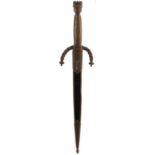 A 19TH CENTURY CONTINENTAL ROMANTIC DAGGER, 25cm flattened diamond section blade, the brass hilt