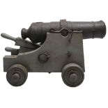 A LATE 18TH OR EARLY 19TH CENTURY CAST IRON TWO POUNDER MERCHANT CANNON, 27.5inch five-stage
