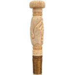 AN EARLY 20TH CENTURY MARINE IVORY TIPPLER'S WALKING CANE, the handle carved as clasped hands with