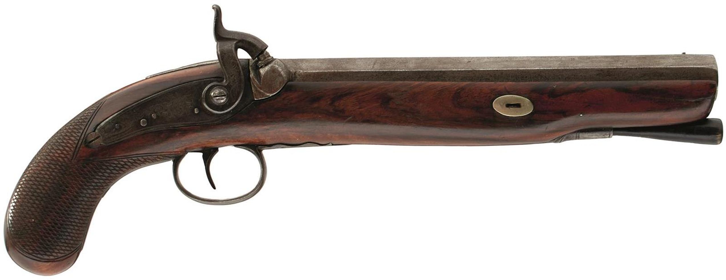 A 14-BORE PERCUSSION OFFICER'S PISTOL, 10inch sighted octagonal barrel, border and scroll engraved