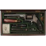 A CLEAN CASED 54-BORE FIVE-SHOT PERCUSSION WEBLEY BENTLEY TYPE OPEN FRAMED REVOLVER BY LEONARD,