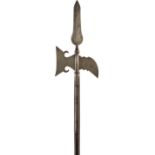 AN 18TH CENTURY BUCKS MILITIA HALBERD, 9inch flattened diamond section leaf-shaped blade surmounting