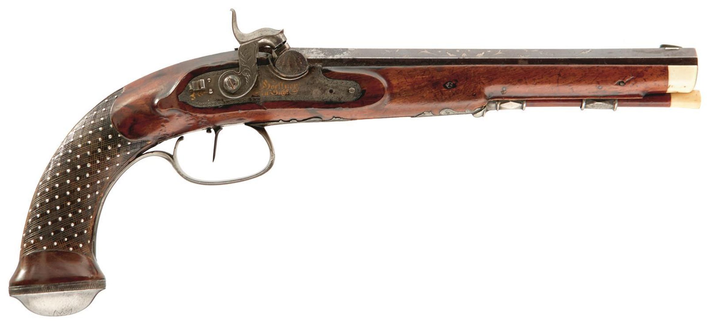 A 40-BORE GERMAN PERCUSSION OFFICER'S PISTOL, 9.25inch sighted octagonal barrel with inlaid silver