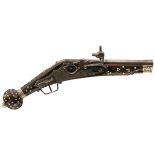 A 19TH CENTURY MINIATURE WHEEL LOCK PISTOL, 4.75inch two-stage barrel, plain shaped lock, full