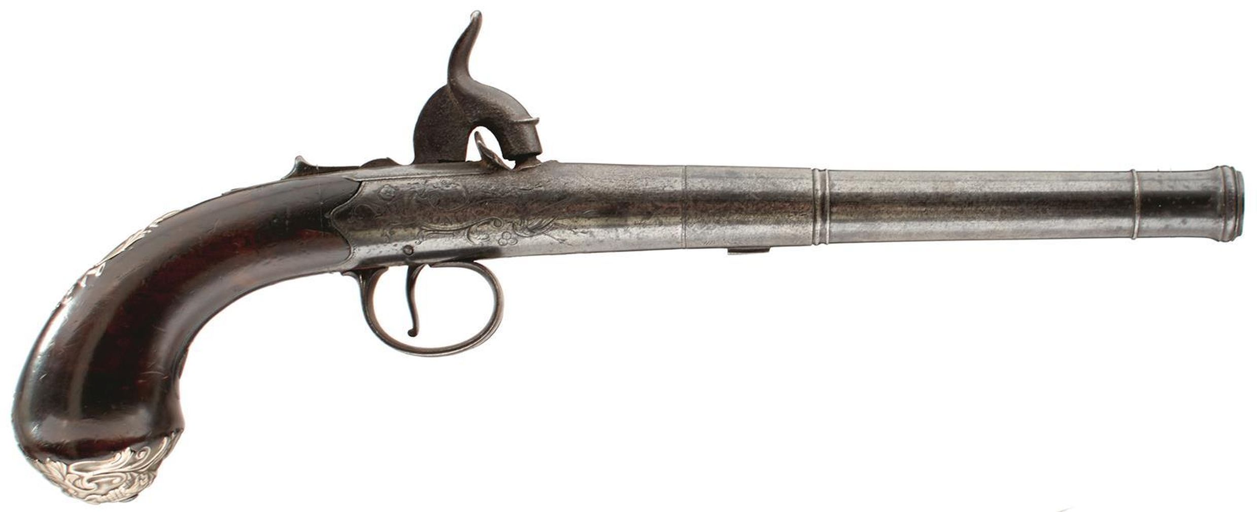 A 22-BORE QUEEN ANNE HOLSTER PISTOL, 6inch three-stage cannon barrel, border and scroll engraved