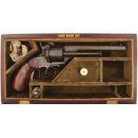 A CASED 90-BORE FRENCH SIX-SHOT PINFIRE REVOLVER, 6inch sighted octagonal barrel etched CAMPAGNAC