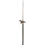 A 16TH CENTURY GERMAN OR STYRIAN HALBERD, with 13cm pierced crescent head and down turned fluke,