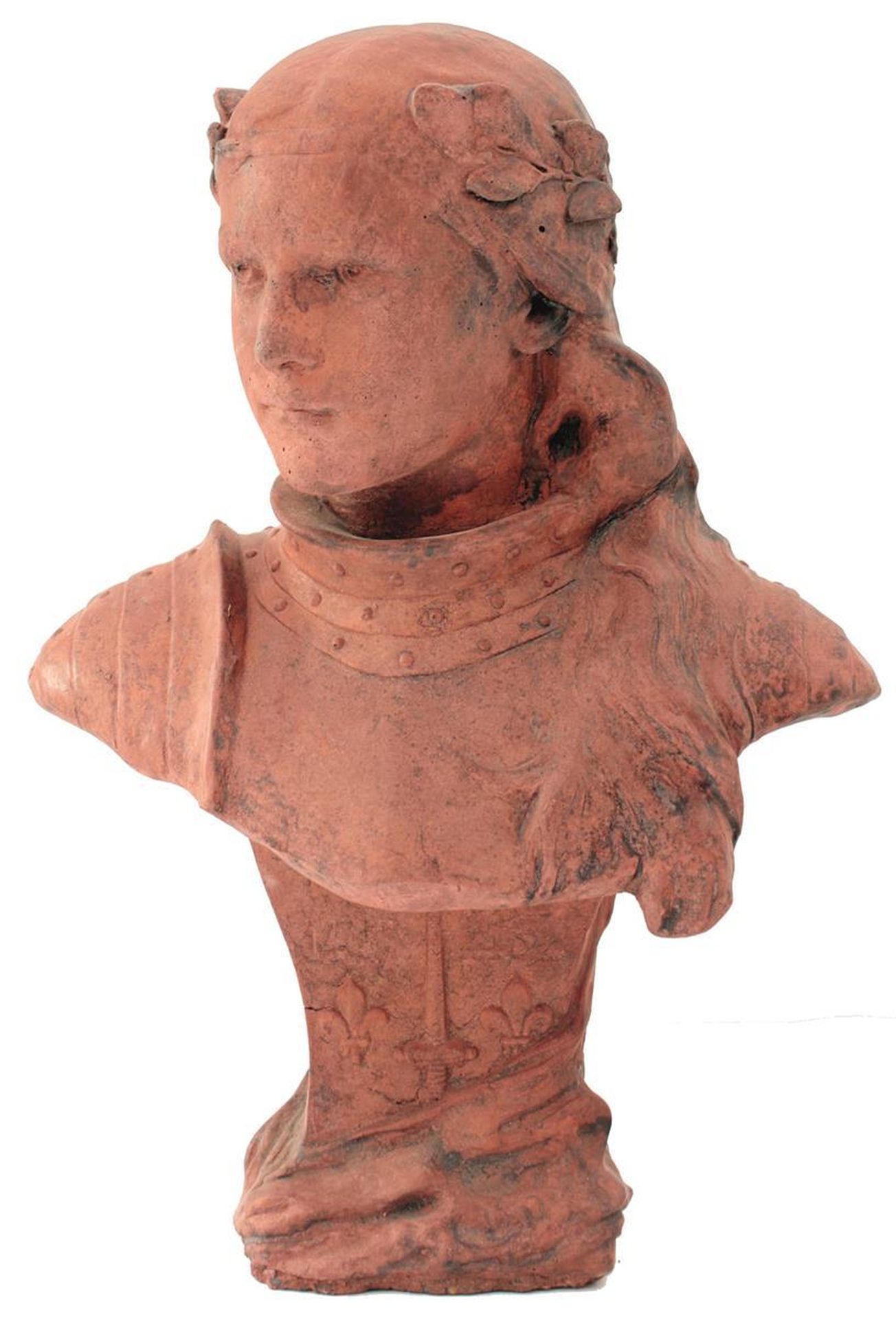 A LATE 19TH/EARLY 20TH CENTURY TERRACOTTA BUST OF JOAN OF ARC, shoulder length and wearing armour,