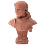 A LATE 19TH/EARLY 20TH CENTURY TERRACOTTA BUST OF JOAN OF ARC, shoulder length and wearing armour,