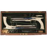 A FINE CONDITION CASED PAIR OF 50-BORE GERMAN SILVER PERCUSSION SAW-HANDLED BELT PISTOLS BY