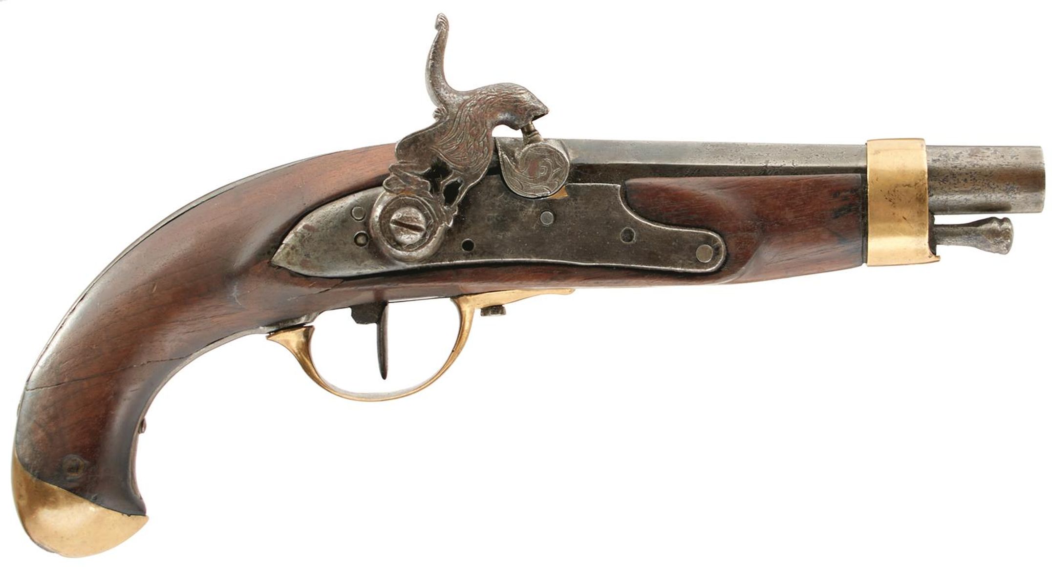 A SPANISH 13-BORE PERCUSSION SERVICE PISTOL, 6.5inch barrel, bevelled lock converted from flintlock,