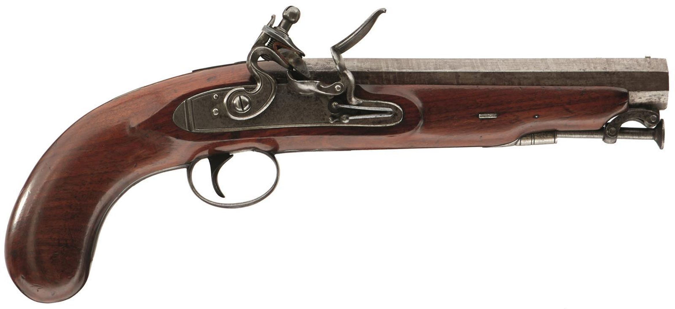 A 16-BORE FLINTLOCK PISTOL OF GOLD MINING INTEREST, 7inch sighted octagonal barrel engraved IMPL