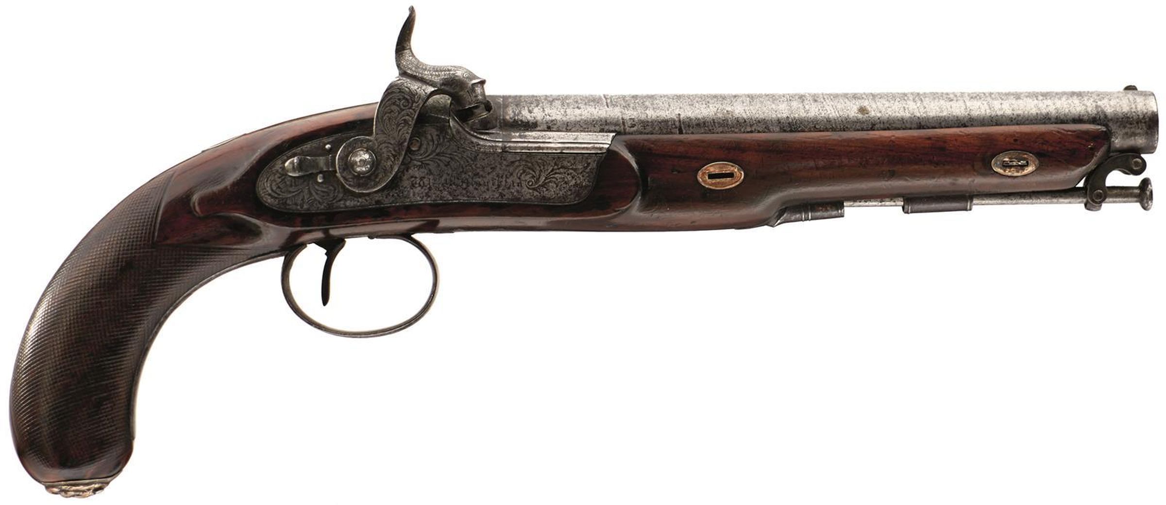 A 28-BORE PERCUSSION OFFICER'S PISTOL BY MACLAUCHLAN OF EDINBURGH, 9inch sighted damascus barrel