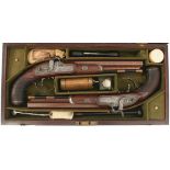A CASED PAIR OF 32-BORE PERCUSSION DUELLING OR TARGET PISTOLS BY HENRY TATHAM JNR, 9inch sighted