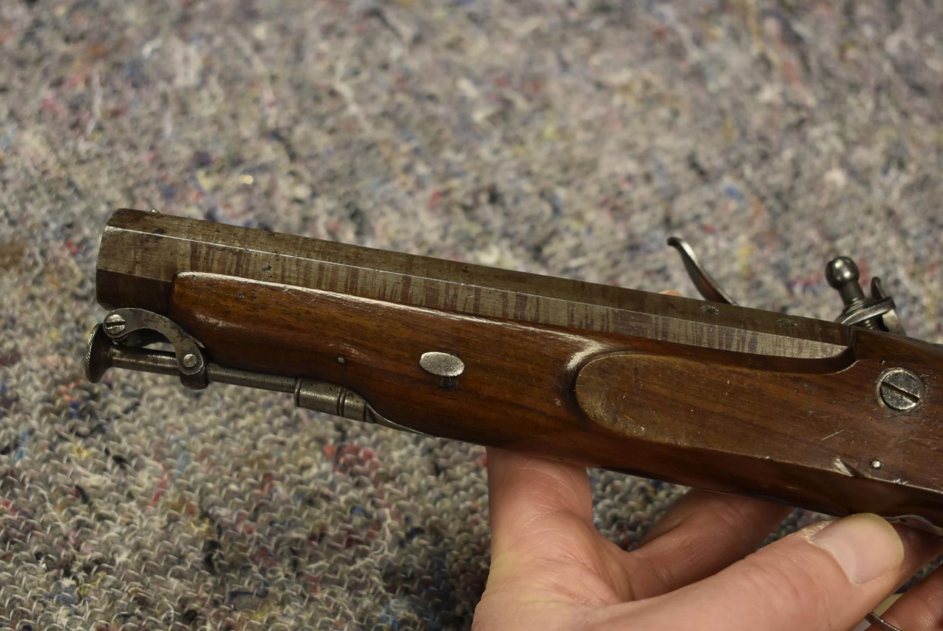 A 16-BORE FLINTLOCK PISTOL OF GOLD MINING INTEREST, 7inch sighted octagonal barrel engraved IMPL - Image 8 of 9