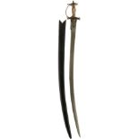 A 19TH CENTURY CHISELLED HILT TULWAR, 80.5cm curved Wootz blade, characteristic chiselled hilt