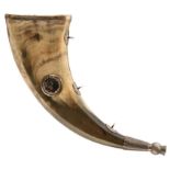 A VICTORIAN SCOTTISH DRESS POWDER HORN, the white metal mounted flattened polished horn body applied