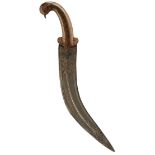 AN OTTOMAN JAMBIYA, 31.5cm sharply curved fullered blade, false etched damascus decoration,