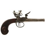 A 54-BORE CONTINENTAL DOUBLE BARRELLED FLINTLOCK POCKET OR TRAVELLING PISTOL, 3inch turn-off