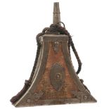 A 17TH CENTURY ITALIAN MUSKETEER'S POWDER FLASK, of characteristic scalloped triangular form, the