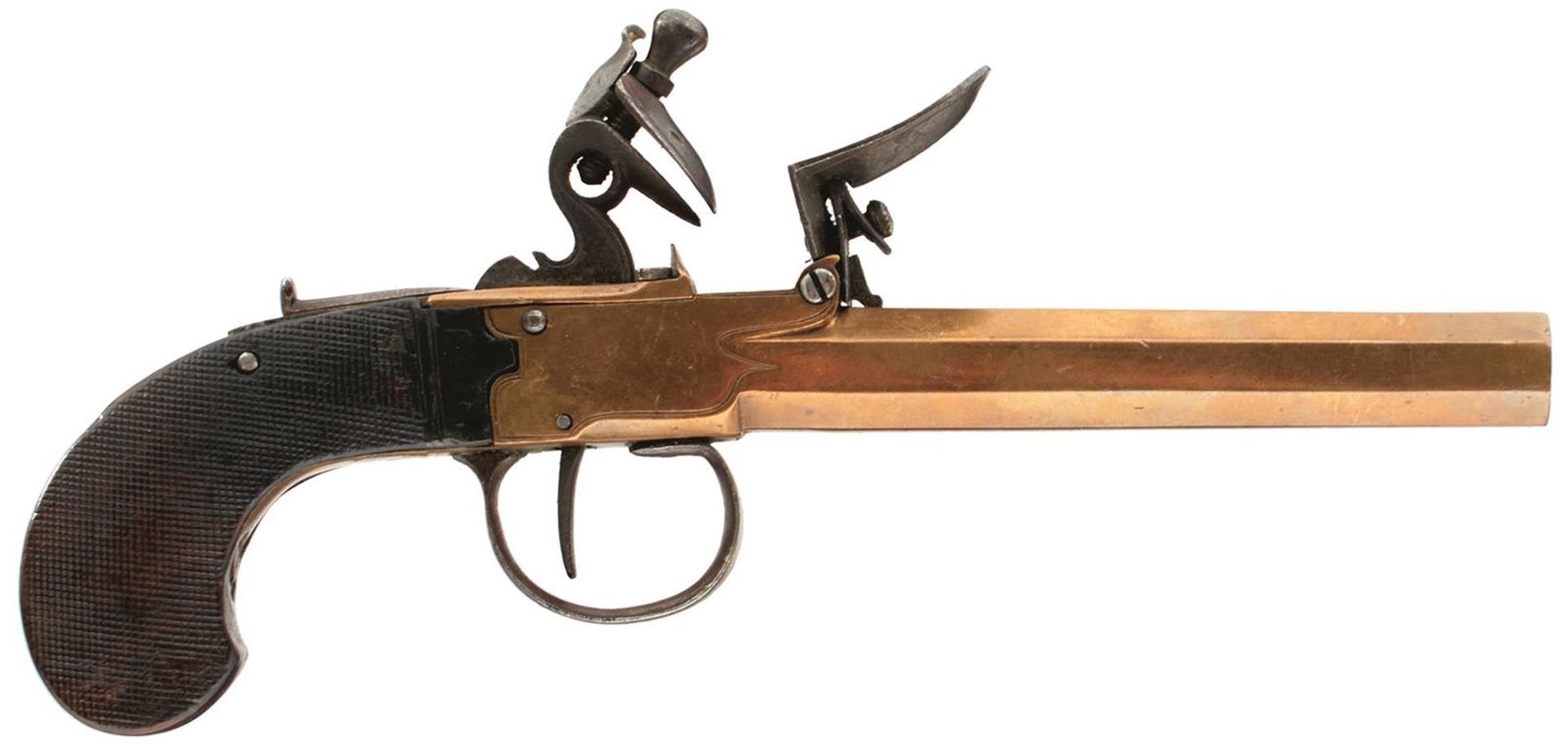 A 28-BORE BRONZE FLINTLOCK BOXLOCK POCKET PISTOL, 5inch octagonal barrel stamped LOWE CHESTER,