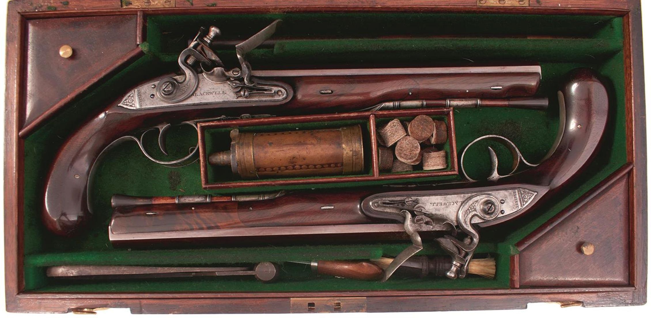 A CASED PAIR OF 18-BORE FLINTLOCK DUELLING PISTOLS BY BLACKWELL OF DUBLIN, 9.5inch sighted octagonal