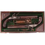 A CASED PAIR OF 18-BORE FLINTLOCK DUELLING PISTOLS BY BLACKWELL OF DUBLIN, 9.5inch sighted octagonal