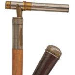 A LATE 19TH/EARLY 20TH CENTURY GADGET WALKING CANE, tooled leather grip, malacca haft and metal