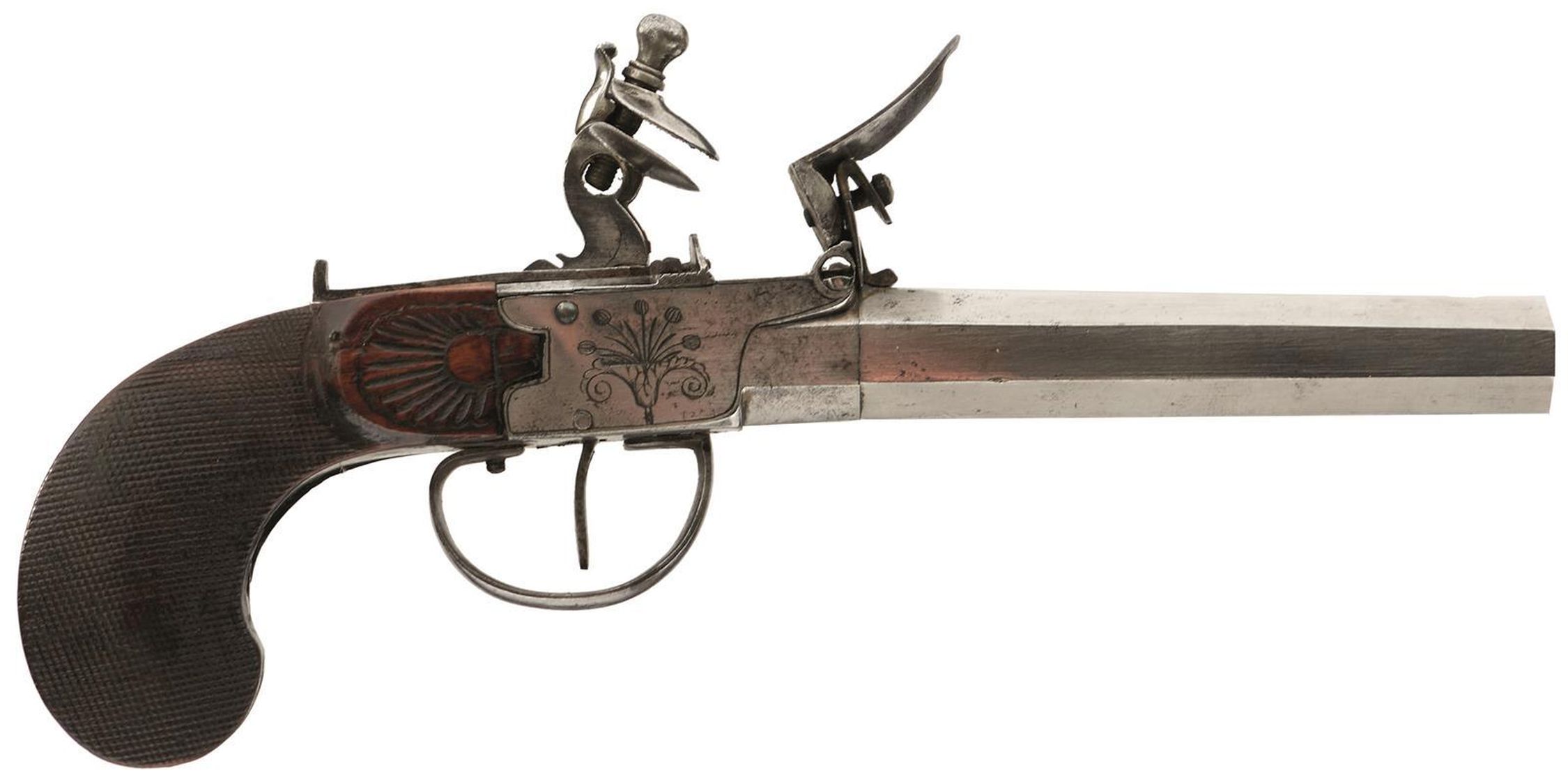 A PAIR OF CONTINENTAL 40-BORE FLINTLOCK TRAVELLING PISTOLS, 4.25inch turn-off octagonal barrels,