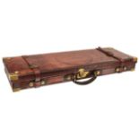 A BRASS LEATHER AND CANVAS DOUBLE GUN CASE, the red felt lined leather and canvas wrapped wooden