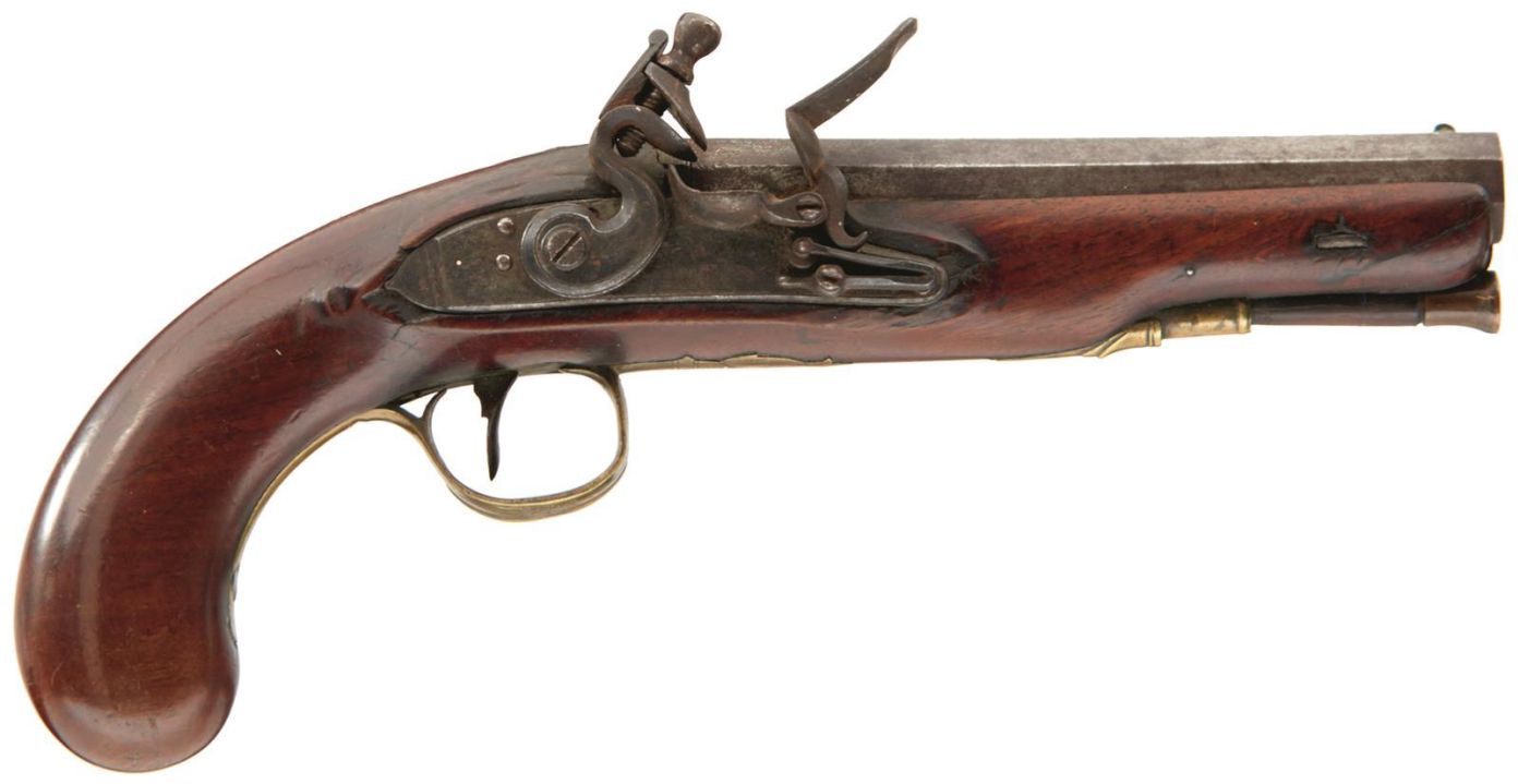 A 16-BORE FLINTLOCK TRAVELLING PISTOL BY WOOLLEY & CO., 6inch sighted octagonal barrel, border