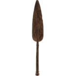 A 19TH CENTURY CARVED WOODEN SHORT SPEAR OF ASSEGAI FORM, 35cm flattened diamond section leaf-shaped