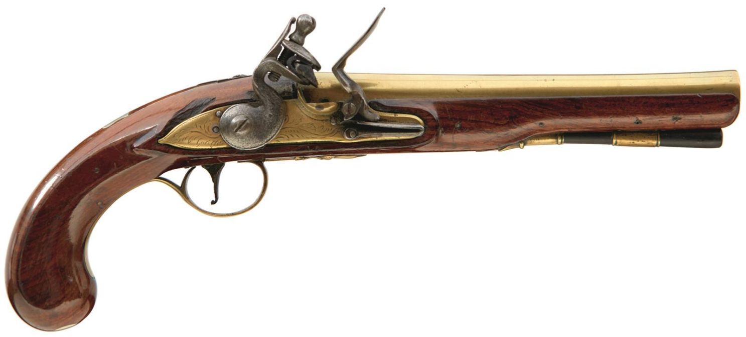 AN 18-BORE FLINTLOCK HOLSTER PISTOL BY KETLAND, 8inch brass barrel engraved with a foliate