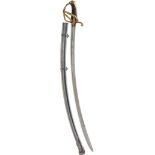 AN EARLY 19TH CENTURY FRENCH OR GERMAN LIGHT CAVALRY OFFICER'S SWORD, 82.5cm curved blade sparsley