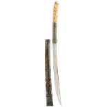 A GOOD 19TH CENTURY BURMESE DHA, 40cm slightly curved blade, characteristic hilt with broad white