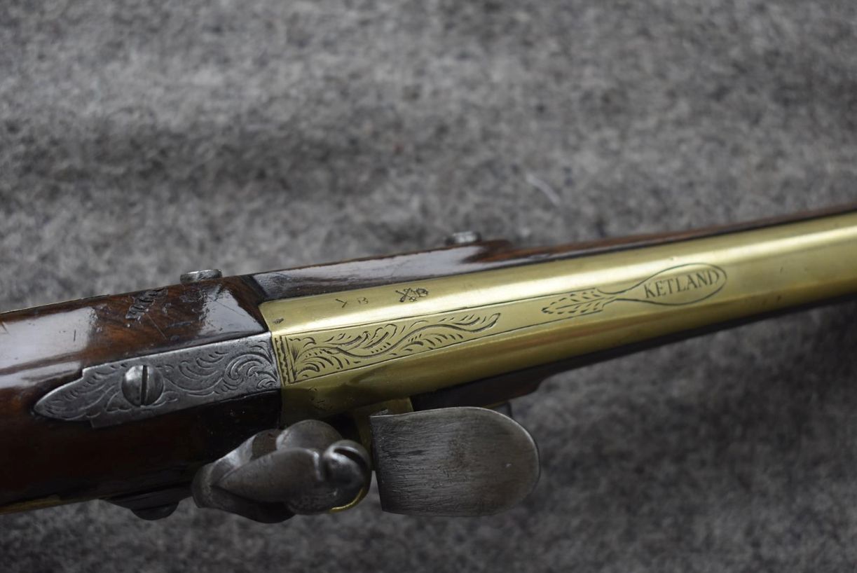 AN 18-BORE FLINTLOCK HOLSTER PISTOL BY KETLAND, 8inch brass barrel engraved with a foliate - Image 8 of 12