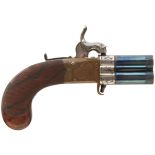 A CRISP 120-BORE PERCUSSION TURNOVER POCKET PISTOL, 1.5inch blued turn off barrels engraved at the