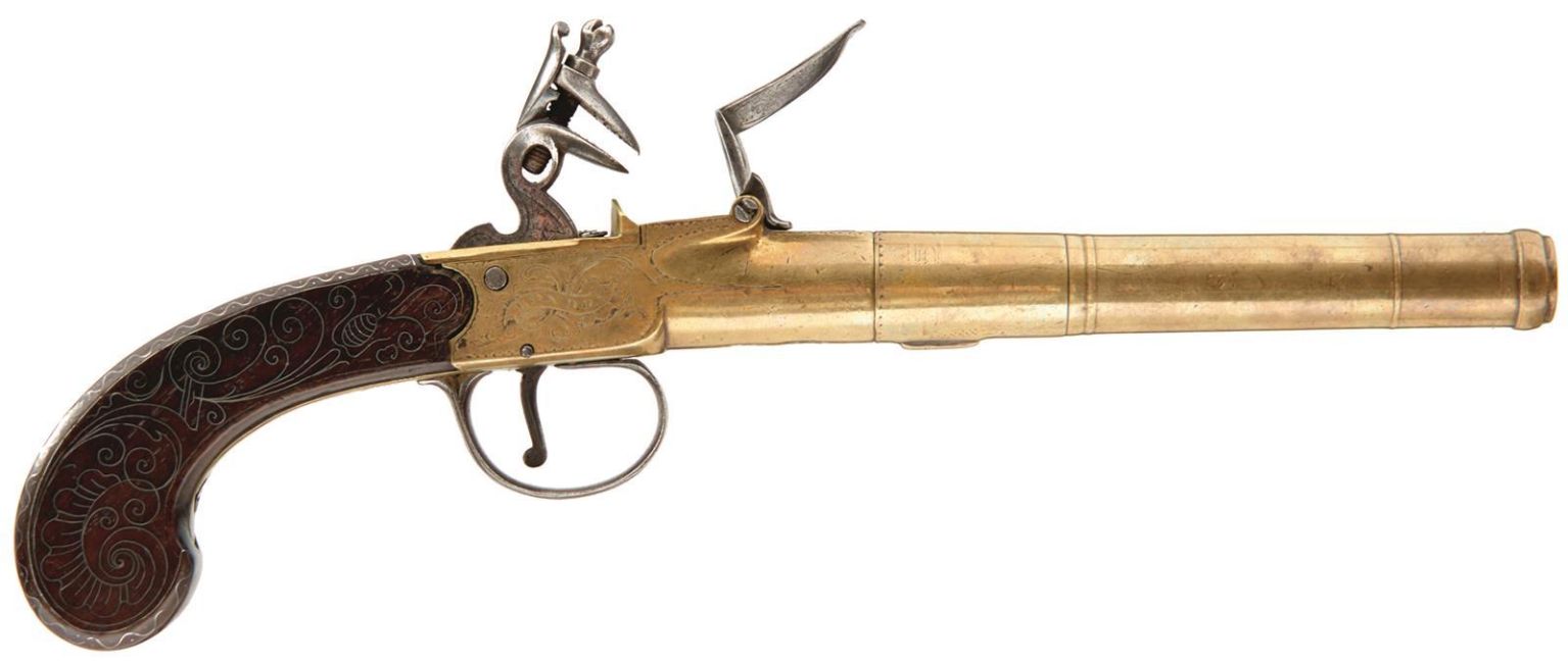 A PAIR OF 25-BORE FLINTLOCK BRASS HOLSTER PISTOLS BY BUNNEY, 5.5inch three-stage cannon barrels, - Image 2 of 22