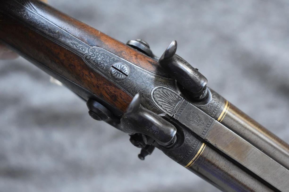 A CONTINENTAL 20-BORE PERCUSSION DOUBLE BARRELLED RIFLE, 30inch sighted re-browned damascus - Image 10 of 18