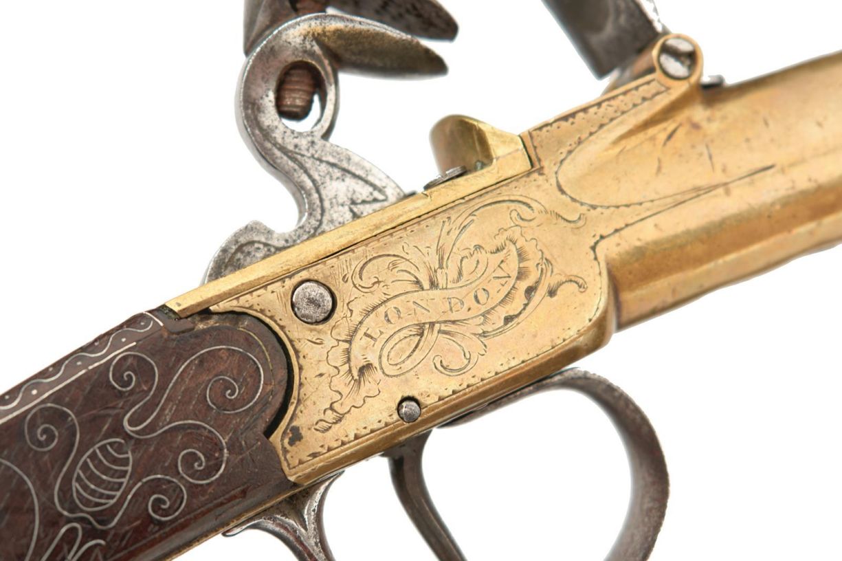 A PAIR OF 25-BORE FLINTLOCK BRASS HOLSTER PISTOLS BY BUNNEY, 5.5inch three-stage cannon barrels, - Image 6 of 22