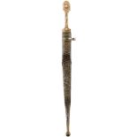 A 19TH CENTURY SILVER NIELLO CAUCASIAN KINDJAL, 39cm slender double fullered blade, characteristic