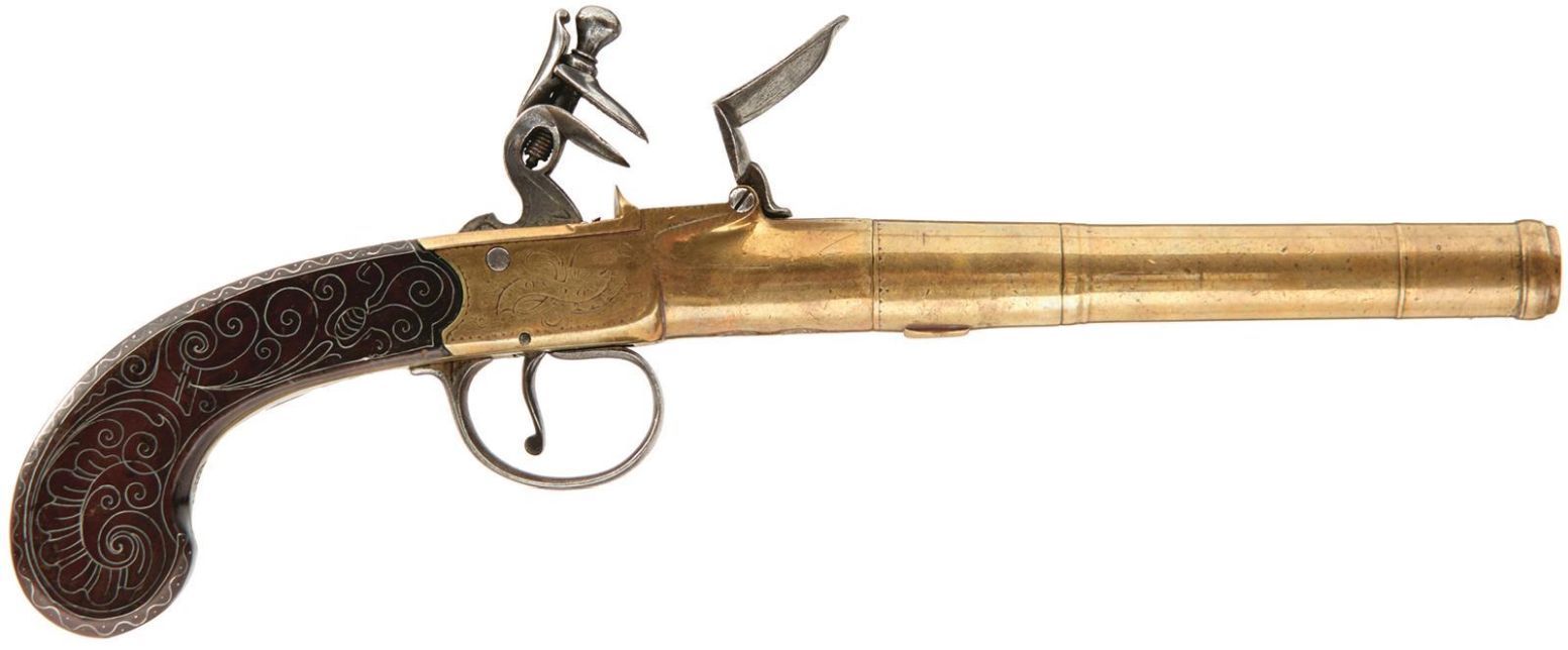 A PAIR OF 25-BORE FLINTLOCK BRASS HOLSTER PISTOLS BY BUNNEY, 5.5inch three-stage cannon barrels,