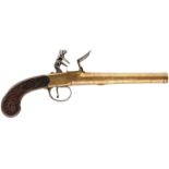 A PAIR OF 25-BORE FLINTLOCK BRASS HOLSTER PISTOLS BY BUNNEY, 5.5inch three-stage cannon barrels,