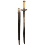 A 19TH CENTURY FRENCH SILVER MOUNTED HUNTING SWORD OR HANGER, 48cm polished blade decorated with